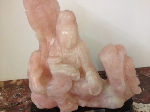 fig 1. HUGE CHINESE ROSE QUARTZ FIGURE ON SILVER INLAID STAND