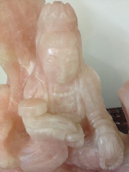 HUGE CHINESE ROSE QUARTZ FIGURE ON SILVER INLAID STAND View V