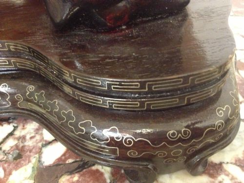 HUGE CHINESE ROSE QUARTZ FIGURE ON SILVER INLAID STAND View X