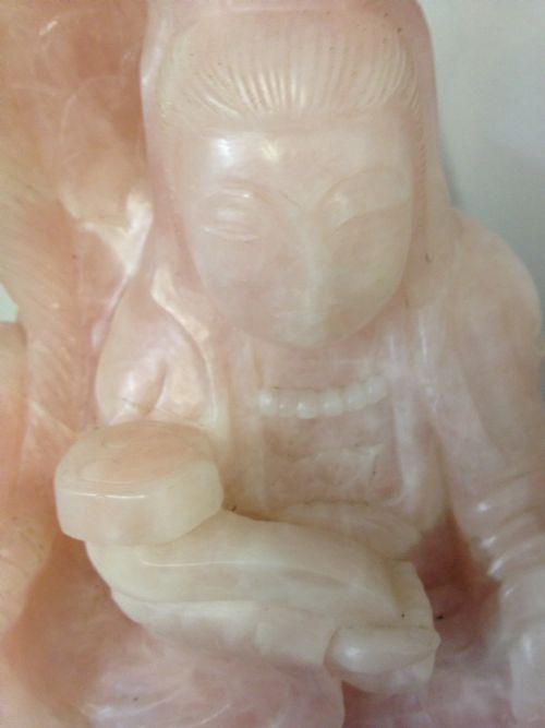 HUGE CHINESE ROSE QUARTZ FIGURE ON SILVER INLAID STAND View XII