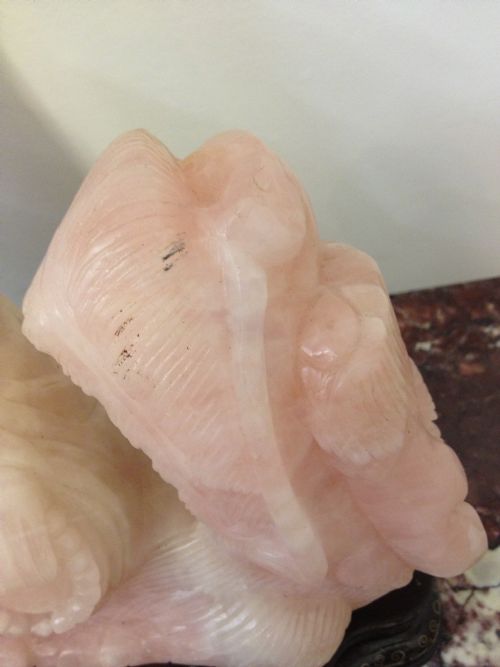 HUGE CHINESE ROSE QUARTZ FIGURE ON SILVER INLAID STAND View IV