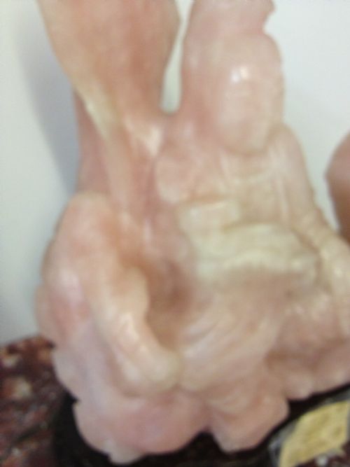 HUGE CHINESE ROSE QUARTZ FIGURE ON SILVER INLAID STAND View VI