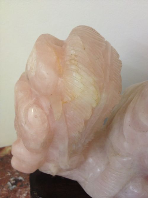 HUGE CHINESE ROSE QUARTZ FIGURE ON SILVER INLAID STAND View VII