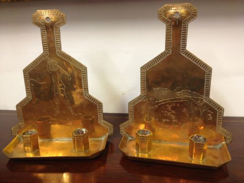 Unusual Arts & Crafts Style Brass Candle Holders Fishing and Golf
