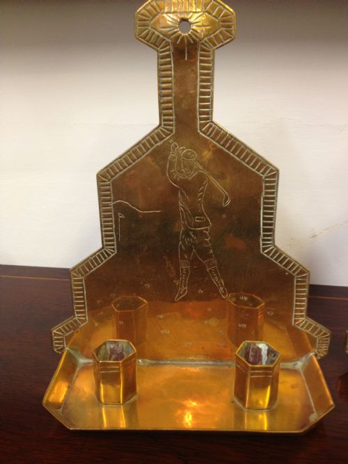 fig 1. UNUSUAL ARTS & CRAFTS STYLE BRASS CANDLE HOLDERS FISHING AND GOLF