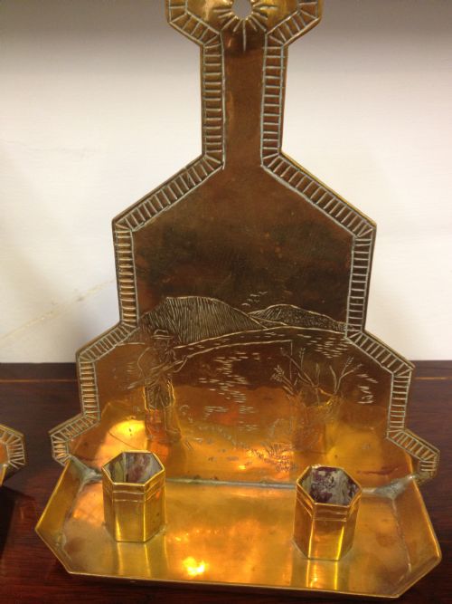 UNUSUAL ARTS & CRAFTS STYLE BRASS CANDLE HOLDERS FISHING AND GOLF View III