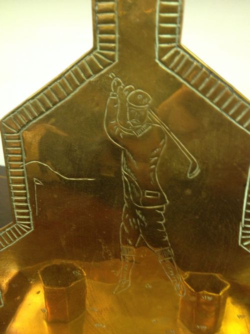 UNUSUAL ARTS & CRAFTS STYLE BRASS CANDLE HOLDERS FISHING AND GOLF View VIII