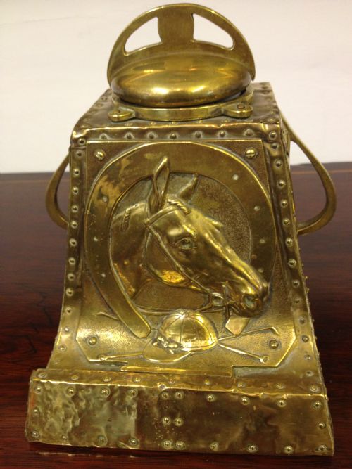 Lovely Equestrian Themed Arts and Crafts Brass Inkwell