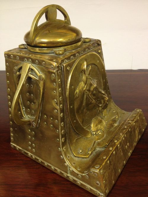 fig 1. LOVELY EQUESTRIAN THEMED ARTS AND CRAFTS BRASS INKWELL
