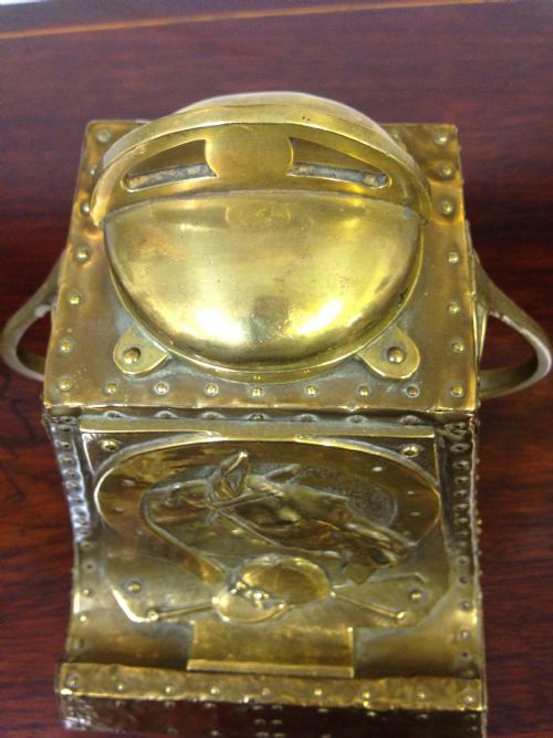 LOVELY EQUESTRIAN THEMED ARTS AND CRAFTS BRASS INKWELL View VII