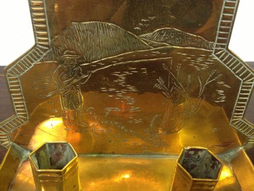 UNUSUAL ARTS & CRAFTS STYLE BRASS CANDLE HOLDERS FISHING AND GOLF View VII