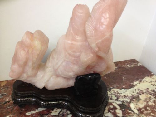 HUGE CHINESE ROSE QUARTZ FIGURE ON SILVER INLAID STAND View IX