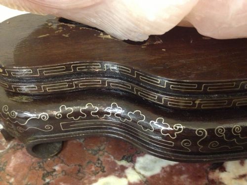 HUGE CHINESE ROSE QUARTZ FIGURE ON SILVER INLAID STAND View XI