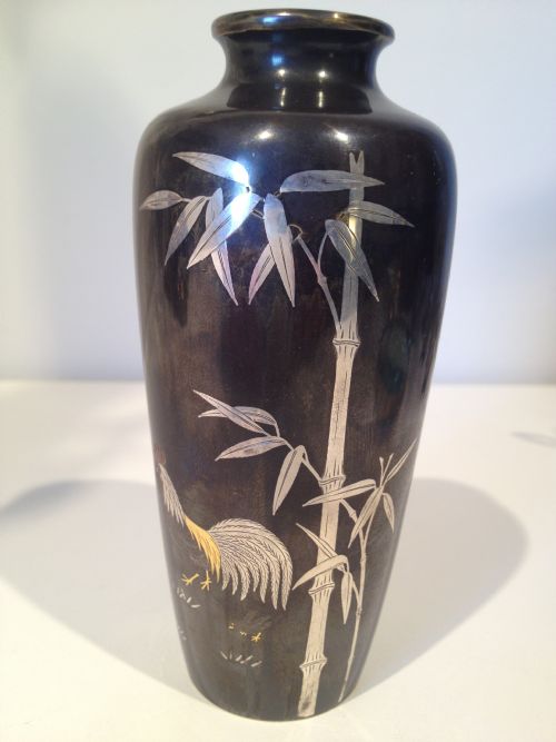 Japanese Bronze Gold and Silver Inlaid Vase Signed Meiji