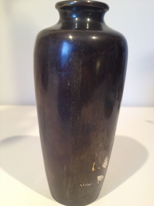 JAPANESE BRONZE GOLD AND SILVER INLAID VASE SIGNED MEIJI View III