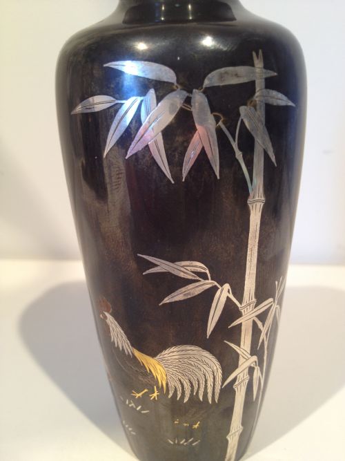 JAPANESE BRONZE GOLD AND SILVER INLAID VASE SIGNED MEIJI View VII