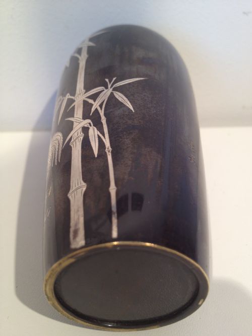 JAPANESE BRONZE GOLD AND SILVER INLAID VASE SIGNED MEIJI View VI