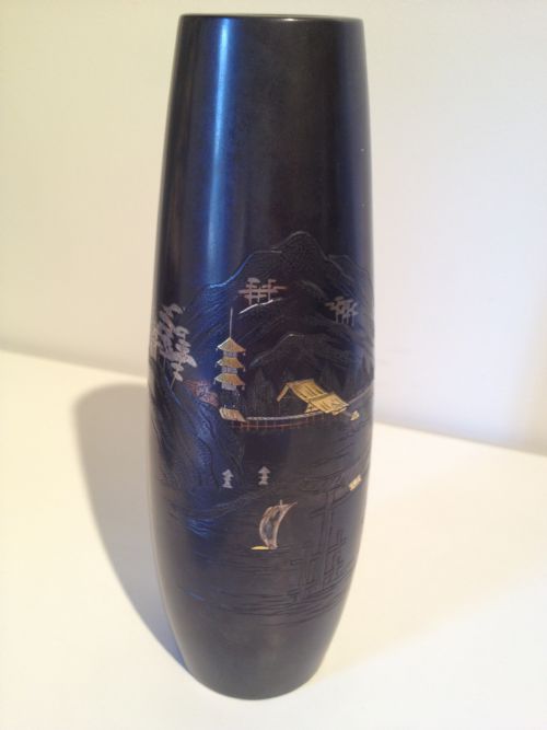 fig 1. JAPANESE BRONZE VASE INLAID GOLD AND SILVER SIGNED MEIJI