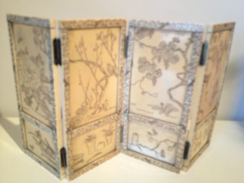 fig 1. SUPERB JAPANESE IVORY FOUR FOLD TABLE SCREEN MEIJI PERIOD 1868-1912