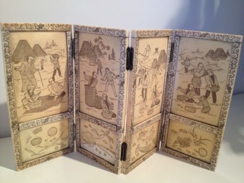 Superb Japanese Ivory Four Fold Table Screen Meiji Period 1868-1912