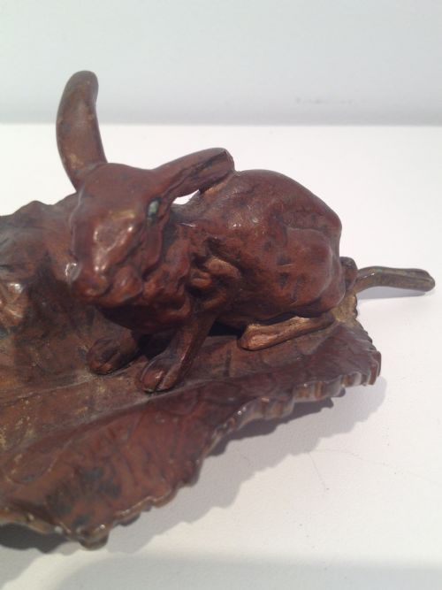 fig 1. LARGE AUSTRIAN COLD PAINTED BRONZE HARE UPON LEAF