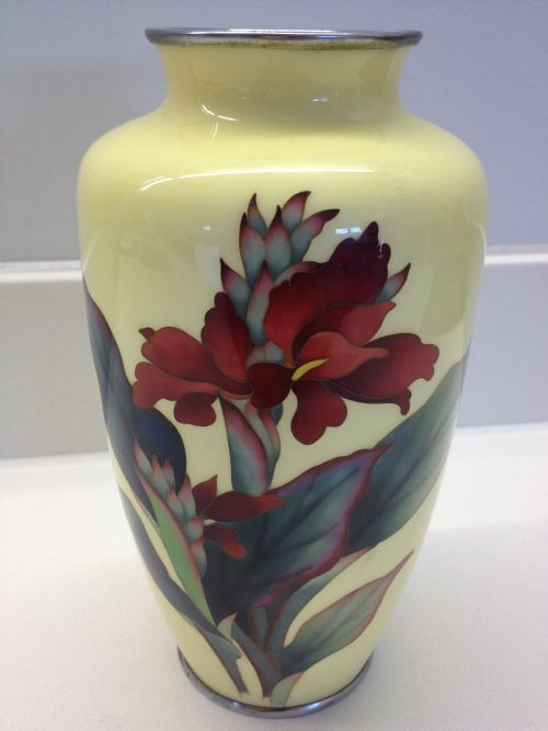 Japanese Yellow Ground Cloisonne Vase Signed Ando