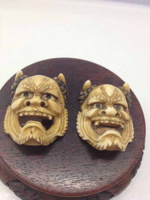 Great Pair of Japanese Meiji Noh Mask Netsuke Signed