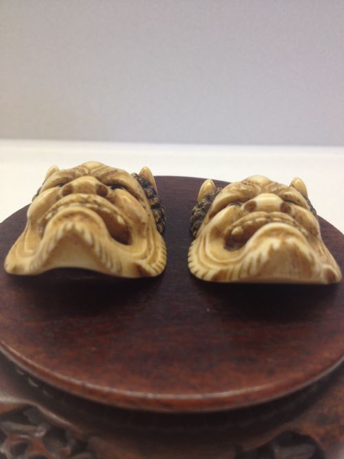 GREAT PAIR OF JAPANESE MEIJI NOH MASK NETSUKE SIGNED  View III
