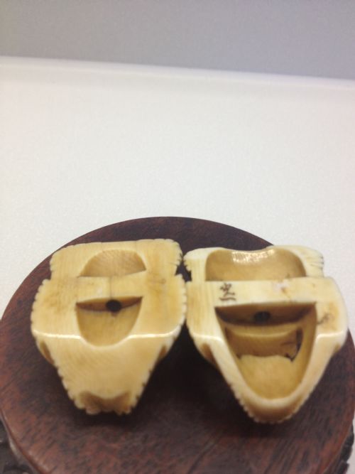 GREAT PAIR OF JAPANESE MEIJI NOH MASK NETSUKE SIGNED  View V