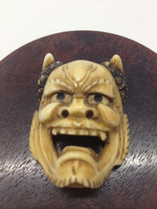 GREAT PAIR OF JAPANESE MEIJI NOH MASK NETSUKE SIGNED  View VIII