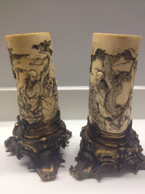 fig 2. MAGNIFICENT QUALITY PAIR OF JAPANESE IVORY TUSK VASES MEIJI 1868-1912