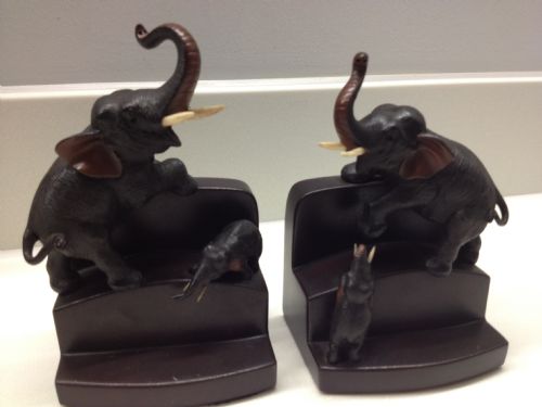 fig 1. GREAT PAIR OF JAPANESE BRONZE ELEPHANT BOOKENDS- MEIJI PERIOD SIGNED