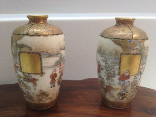 fig 1. FANTASTIC QUALITY PAIR OF MINIATURE JAPANESE SATSUMA VASES (YABU MEIZAN STYLE)