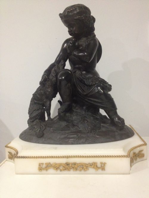 Superb Large Victorian Bronze Group Girl with Dog