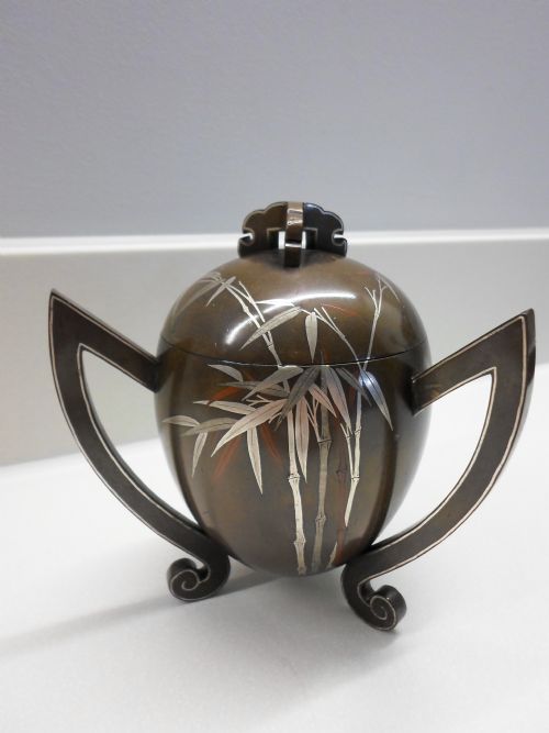 Japanese Bronze Silver Inlaid Koro by Hattori  Nogawa