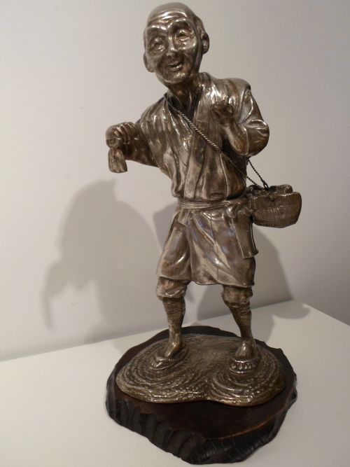 Fine Quality Japanese Silvered Okimono on Stand - Signed