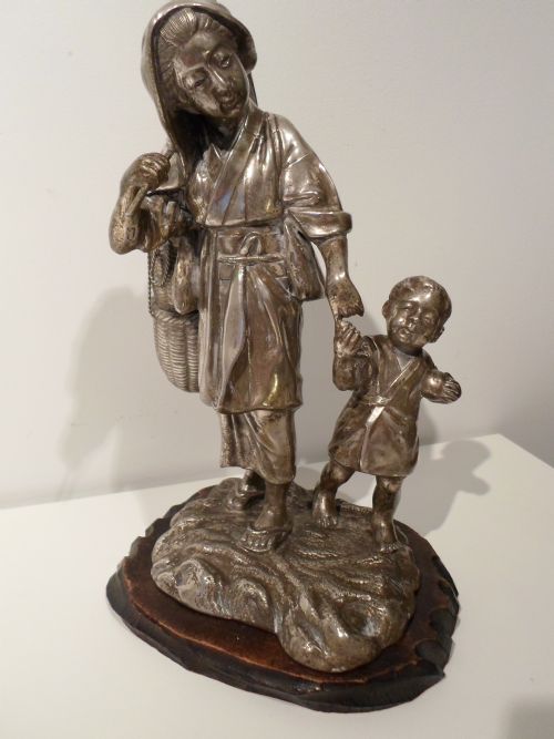 Fine Quality Japanese Silvered Okimono Female Worker with Boy - Signed