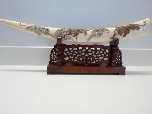 Large Japanese Carved Ivory Tusk on Stand , Lions,tigers,monkey.