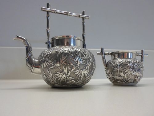 Finest Quality Chinese Silver Tea Kettle and Sucrier Wang Hing