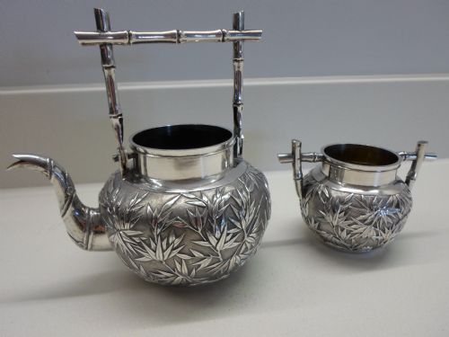 fig 1. FINEST QUALITY CHINESE SILVER TEA KETTLE AND SUCRIER WANG HING