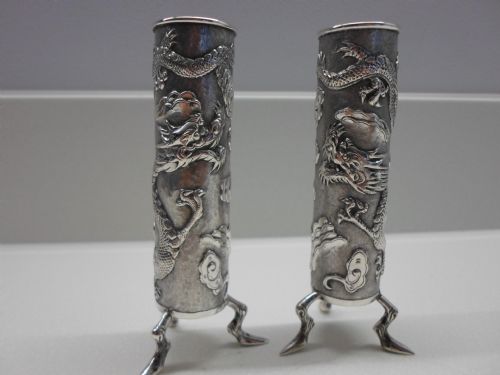Great Pair of Chinese Silver Spill Vases by Wang Hing