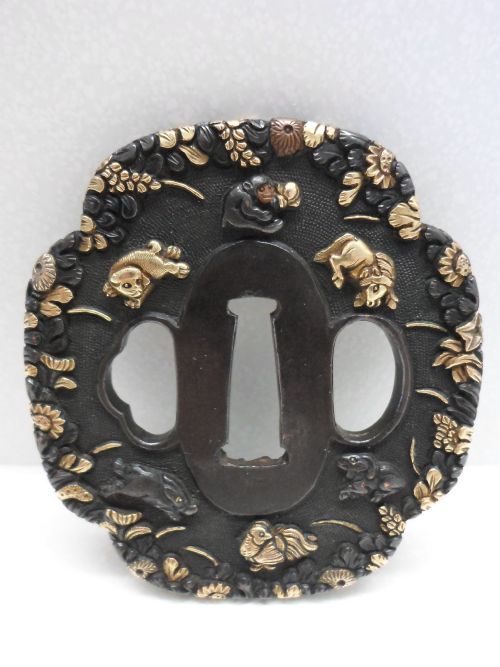 fig 1. SUPERB 19TH CENTURY BRONZE & MIXED METAL ZODIAC TSUBA