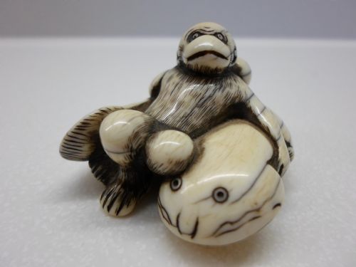 Wonderful Early 18th Century Japanese Ivory Netsuke Monkey on a Namazu