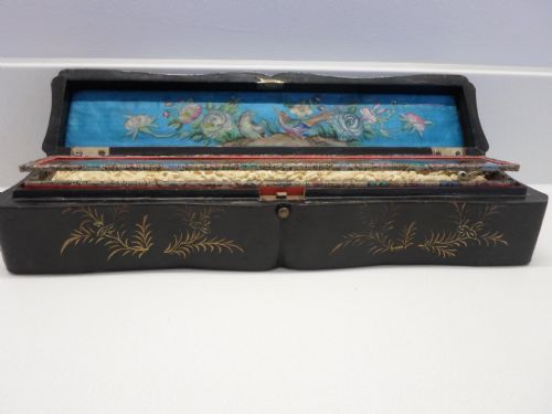 fig 2. CHINESE CANTONESE IVORY EMBROIDERED FAN IN LACQUER BOX