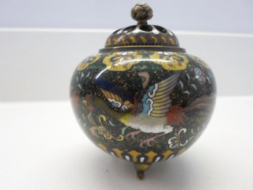 Small Japanese Cloisonne Koro and Cover Meiji Period