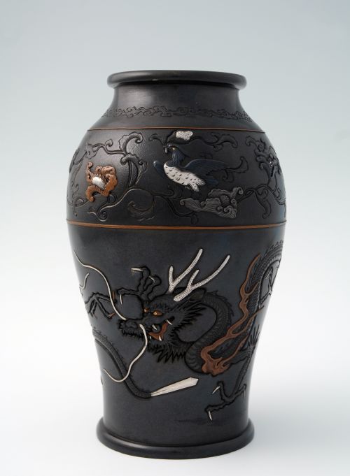 Superb Japanese Bronze Onlaid Mixed Metal Dragon Vase