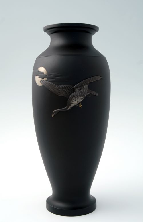 Japanese Black Ground Onlaid Flying Goose Vase by Nagowa