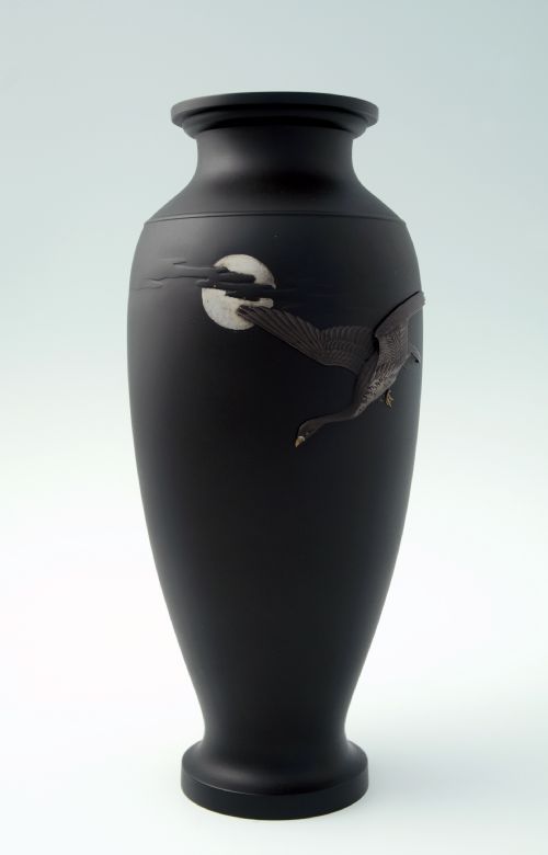 fig 1. JAPANESE BLACK GROUND ONLAID FLYING GOOSE VASE BY NAGOWA