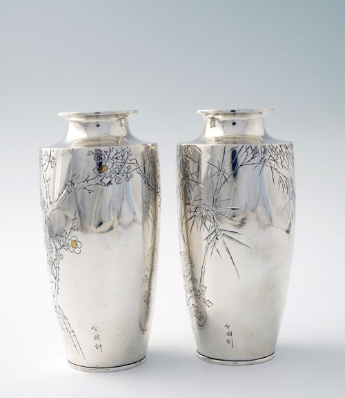 fig 1. FINE PAIR OF JAPANESE MEIJI SILVER VASES SIGNED