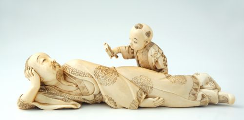 Great Japanese Ivory Okimono Father and Son Meiji Period